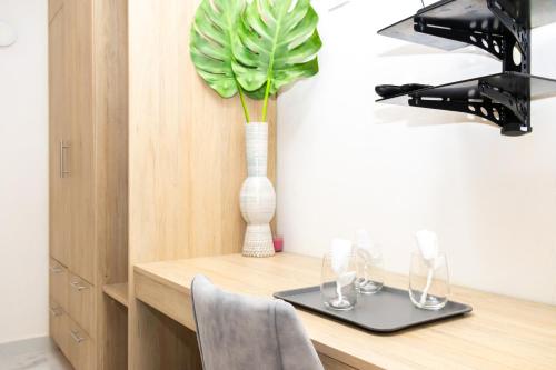 a desk with a vase and a plant on it at Habana Hotel Y Restaurante in Higuey