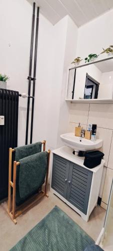 a bathroom with a sink and a chair and a mirror at Petit cocon nature centre-ville in Colmar