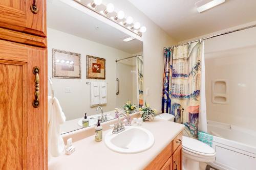 a bathroom with a sink and a toilet at Table Rock Lake Escape in Hollister