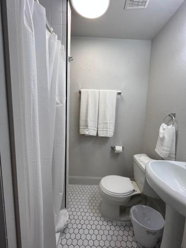 a white bathroom with a toilet and a sink at Arizona 9 Motor Hotel in Williams