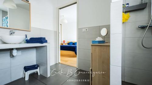 une salle de bain avec un lavabo et un miroir dans l'établissement ROSEMARINE - APPARTEMENT CONCARNEAU VUE MER 2 adultes/2enfants, à Concarneau