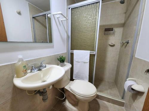 uma casa de banho com um lavatório, um WC e um chuveiro em aparta estudio cerca a C.C em Ibagué
