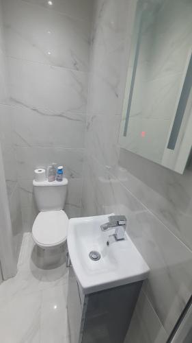 a white bathroom with a toilet and a sink at Highfield House in Wellingborough