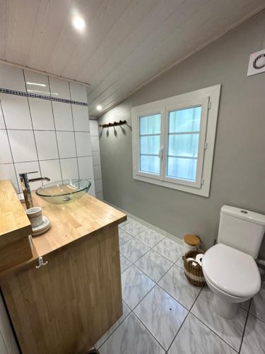 une salle de bain avec toilettes, lavabo et fenêtre dans l'établissement Au cœur du vignoble cognaçais, à Gondeville
