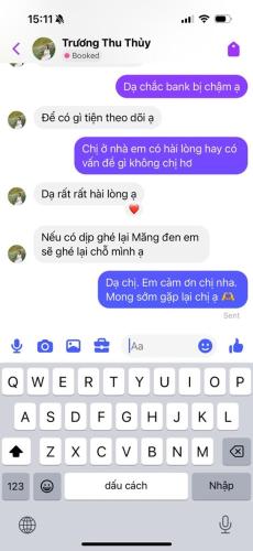 a screenshot of a text message of a phone with the words trying to try try at Mây và Mây - Homestay Măng Đen in Kon Von Kla