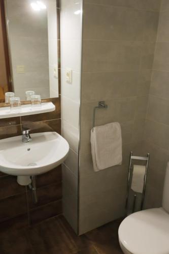 a bathroom with a sink and a toilet and a mirror at Pension Zurita in Granada