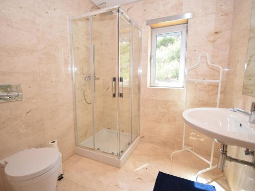 a bathroom with a shower and a toilet and a sink at Holiday Home near São Martinho Beach in Salir de Porto