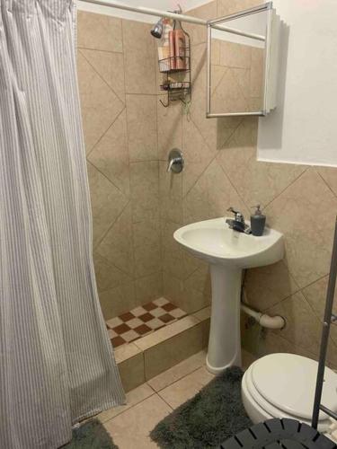 a bathroom with a shower and a sink and a toilet at 10 Min Walk to Ocean Park Beach! in San Juan