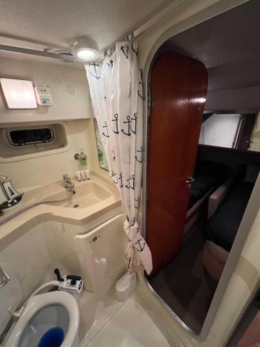 Baño pequeño con lavabo y aseo en LUXURY 40 FOOT YACHT ON 5 STAR OCEAN VILLAGE MARINA SOUTHAMPTON - minutes away from city centre and cruise terminals - Free parking included, en Southampton