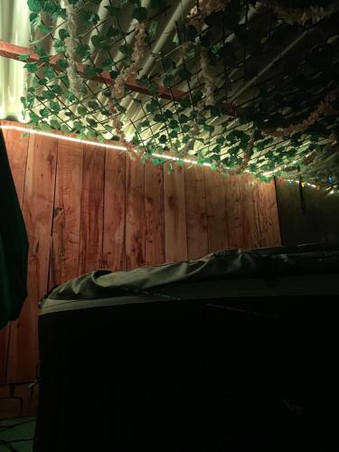 a wooden fence with christmas lights on it at Juncos Glamping in Fúquene