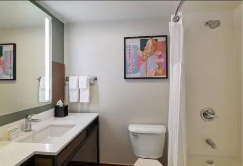 a bathroom with a toilet and a sink and a shower at Hilton Garden Inn Bethesda Downtown in Bethesda