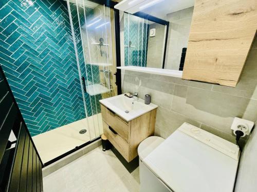 une salle de bain avec toilettes, lavabo et douche dans l'établissement Bel appartement 1 chambre, parking, wifi, climatisation - FR-1-723-132, au Cap d'Agde