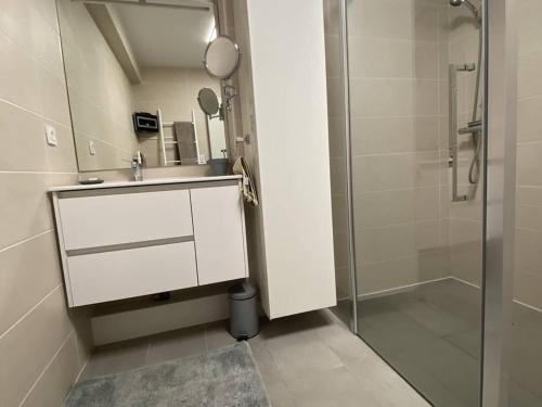 y baño con lavabo y ducha. en Appartement Canet-Plage, 3 pièces, 4 personnes - FR-1-750-61, en Canet-en-Roussillon