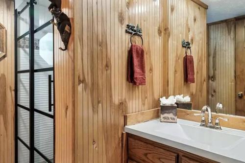a bathroom with a sink and a wooden wall at Beary Peaceful Smokies Retreat: Hot-Tub & Pools in Pigeon Forge