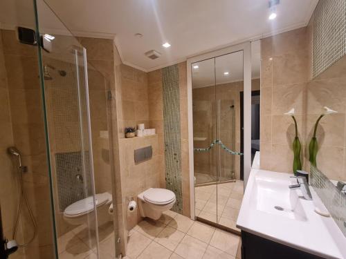 a bathroom with a shower and a toilet and a sink at Palmore Top Luxury Resort First line of the Seaside in Eilat