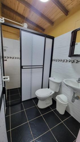 a bathroom with a toilet and a sink at Cabaña rodeada de naturaleza in Cocorná