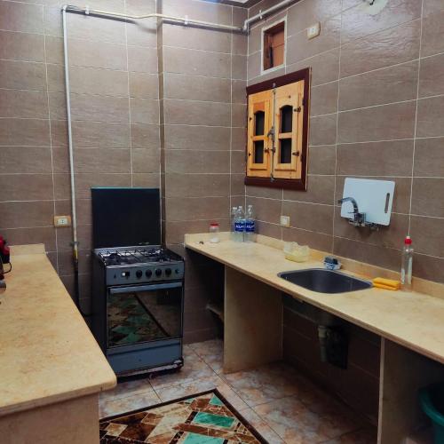 a small kitchen with a stove and a sink at Amazing Mountain View-Near City Center in Luxor