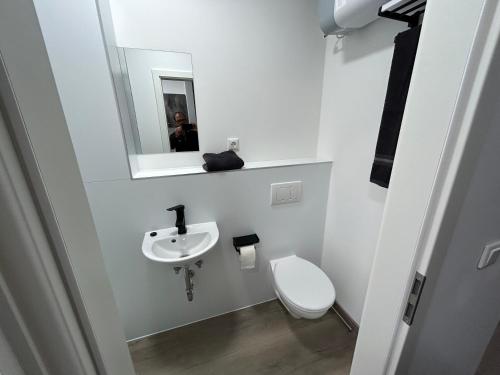 een witte badkamer met een toilet en een wastafel bij La Maria Aparts in Mardorf