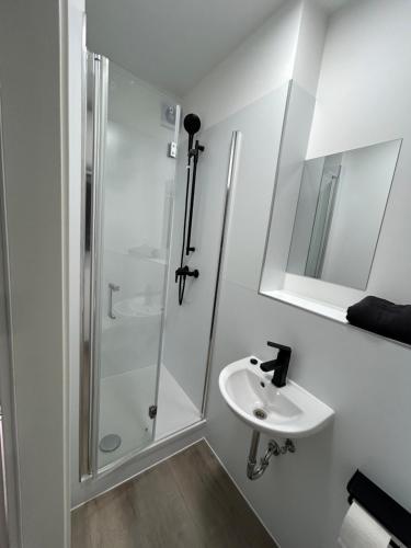 uma casa de banho branca com um chuveiro e um lavatório. em La Maria Aparts em Mardorf