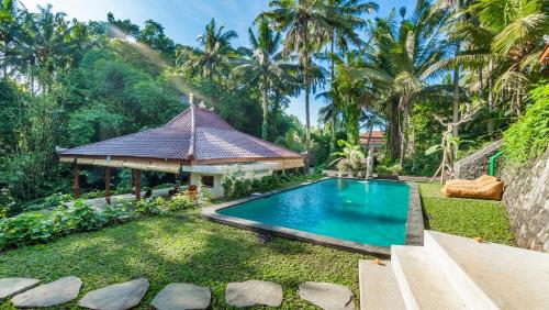 As I Am Ubud Retreat في أوبود: حديقة بها مسبح و شرفة