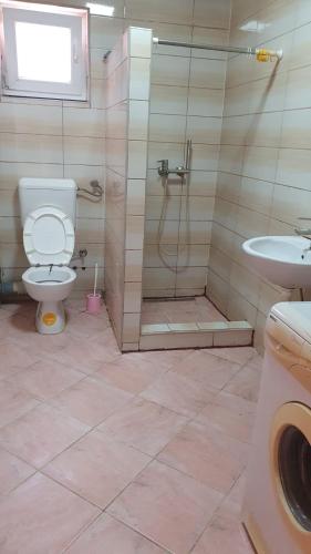a bathroom with a shower and a toilet and a sink at Apartman Lami in Tuzla