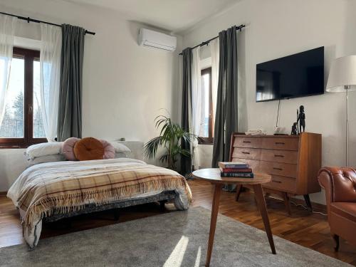 a bedroom with a bed and a tv and a table at Affittacamere Ca' de Mazapedar in San Lorenzo