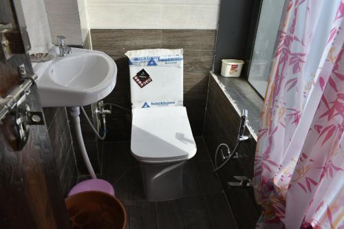 een kleine badkamer met een wastafel en een toilet bij BHARDWAJ CHAMBER in Jaipur