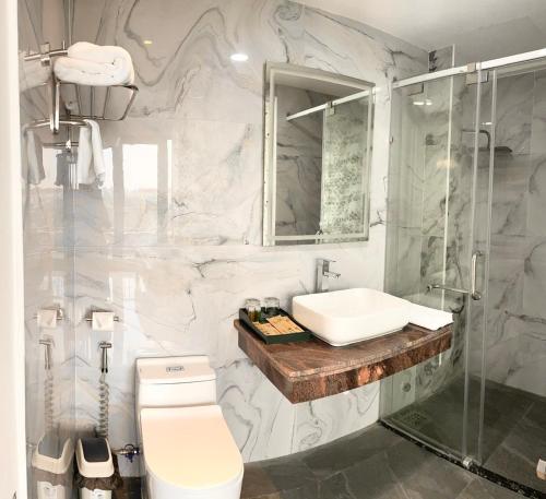 a bathroom with a sink and a toilet and a shower at Blue Sea Hue Hotel in Hue