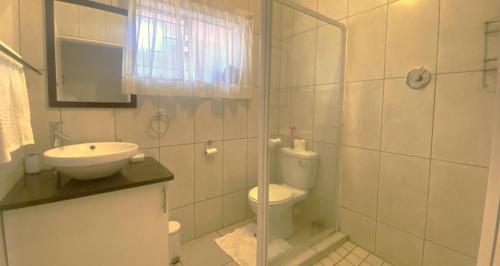 y baño con aseo, lavabo y ducha. en Pretoria East Guests en Pretoria