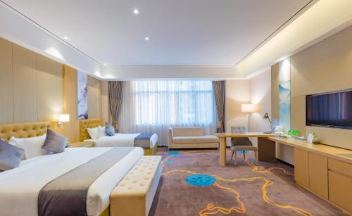 Ένα ή περισσότερα κρεβάτια σε δωμάτιο στο Taishan He Style Hotel