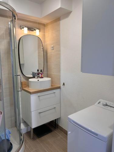 une salle de bain avec un lavabo et un miroir dans l'établissement appartement résidence riviera avec piscine, au Lavandou