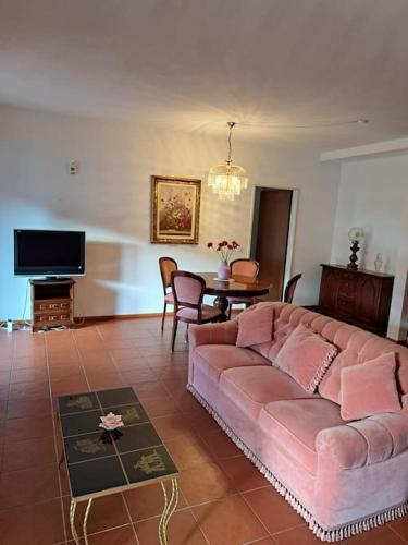 a living room with a pink couch and a tv at Appartamento La Terrazza in Lugano