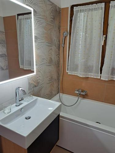a bathroom with a sink and a tub and a mirror at Appartamento La Terrazza in Lugano