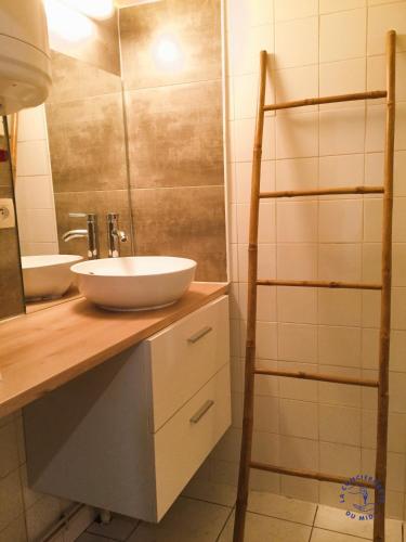 une salle de bain avec un lavabo et un miroir dans l'établissement Gîte Studio Les Oliviers, à Narbonne