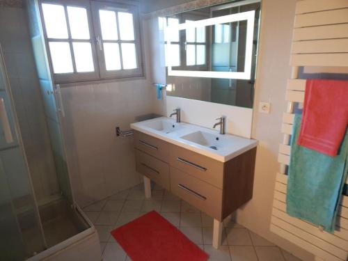 a bathroom with a sink and a shower and a mirror at Maison avec jardin proche gare plage intramuros chien admis Fibre in Saint Malo