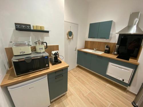 une cuisine avec un comptoir avec un micro-ondes dans l'établissement Comedy: heart of town facing the NA region, à Poitiers