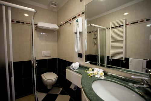 a bathroom with a sink and a toilet and a shower at Hotel Palm Beach B&B SEA VIEW in Rimini