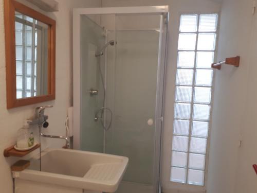 W łazience znajduje się prysznic i umywalka. w obiekcie Canet en Roussillon belle maison de vacances w mieście Canet-en-Roussillon