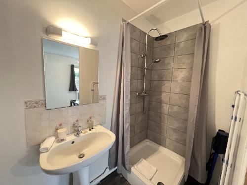 une salle de bain avec un lavabo et une douche dans l'établissement Le Vinci 3, à Calais