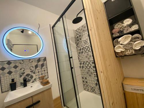 La salle de bains est pourvue d'une douche, d'un lavabo et d'un miroir. dans l'établissement La Coquille: bright, cozy, 3 min from Parc Expo, à Poitiers