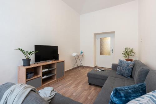 a living room with a couch and a flat screen tv at Prague - Karlin Apartments in Prague