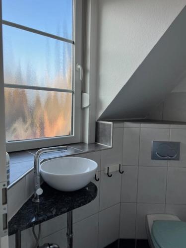 uma casa de banho com um lavatório e uma janela em Ferienwohnung Kirchhellen "Lepper Eck" em Bottrop-Kirchhellen