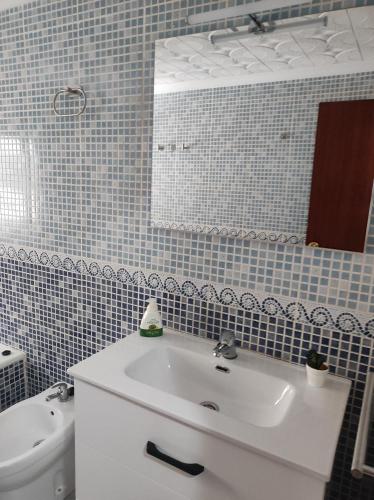 a bathroom with a sink and a mirror and a toilet at Alojamiento El palmeral in Santa Pola