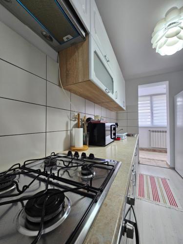 a kitchen with a stove top oven in a kitchen at VMP Apartament Zarnesti in Zărneşti