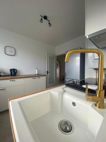 a kitchen with a sink and a faucet at Appartement spacieux avec parking in Lempdes