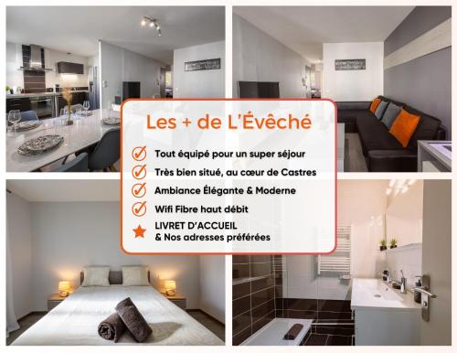 a collage of pictures of a living room and a kitchen at L'Évêché - Grand T3 en hyper-centre in Castres