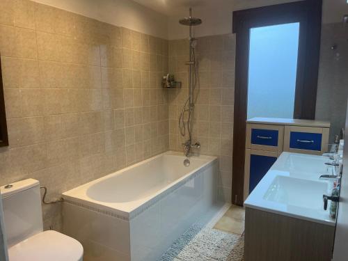 een badkamer met een bad, een toilet en een wastafel bij val dazur valbonne Les Jasmins in Villeneuve-Loubet