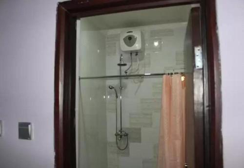 a shower in a bathroom with a shower curtain at Ayoluyem Aparthotel and Suites in Ogbodo
