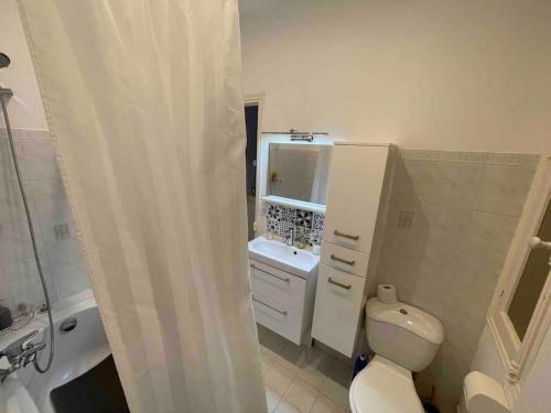 ein Badezimmer mit einem WC, einem Waschbecken und einem Spiegel in der Unterkunft Cute comfortable apartment with Monaco & sea view in Beausoleil