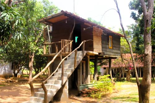a tree house with stairs leading up to it at Eagles Wing's GuestHouse in Habarana